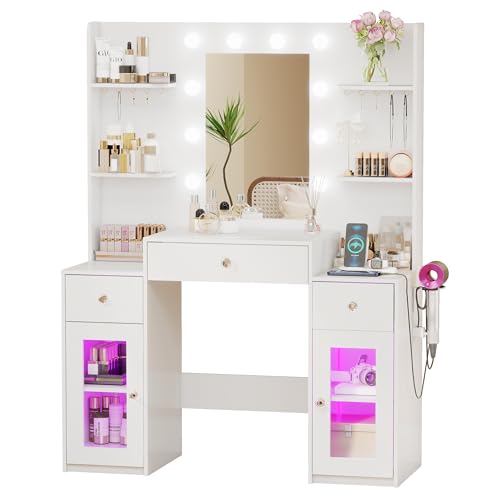 GOODONE Dressing Table with 3 Drawers 2 Cabinets, Vanity Table with Mirror Bulbs, Charging Station...