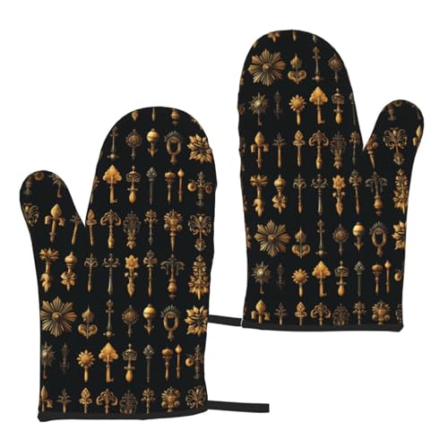 Gants de cuisine rétro avec imprimé clé dorée pour femme, gants de cuisine mignons résistants à la chaleur avec doublure en coton