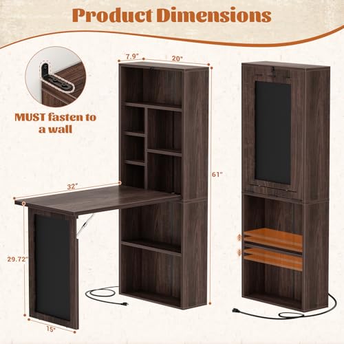 Image of Armocity Small Fold-Out Desk with Outlets, Convertible Writing Desk for Small Spaces /Home Office /Craft Room, Multi-Function Desk Workstation with Blackboard, Folding Cabinet Table, Black Walnut