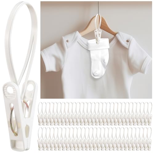 Image of Honeydak 60 Pack Multi-Purpose Laundry Hooks Hanging Clips Bulk with Plastic Rope Hanger Clips for Baby Clothes Closet Organizer for Pants Hat Sock Boot Bra Towel Bathroom Wardrobe Kitchen, White