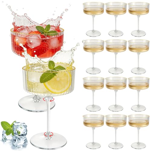 rookea 12 Pcs Transparent Martini Glasses 10 Oz Plastic Cocktail Cups, Ribbed Champagne Coupe Cup with Gold Rim Cocktail Glasses Detachable Dessert Cups Glassware Bulk for Wedding Birthday Party