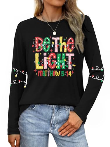 Christmas Shirts Women Christian Graphic Long Sleeve Xmas Party Top Black