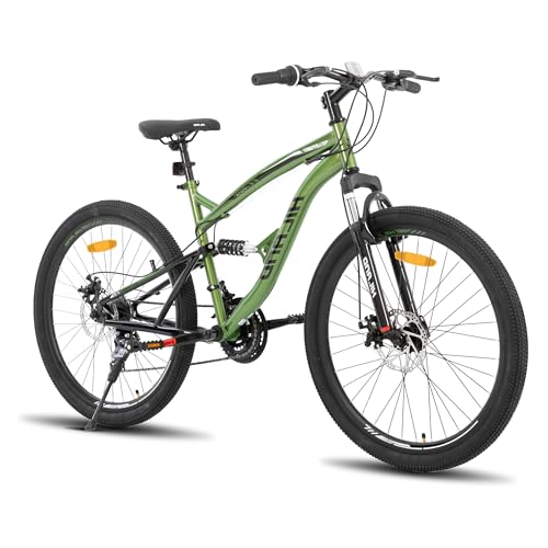 Hiland Bicicleta de Montaña 26 Pulgadas Doble Suspensión - MTB 21 Velocidades Unisex con Frenos de Doble Disco, Cuadro de Acero al Carbono, Suspensión Delantera y Trasera, Verde