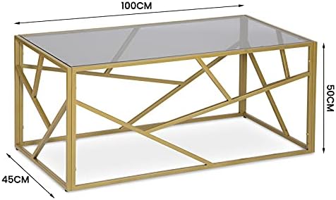 Bravich Modern Retro Glass Coffee Table for Home Office and Family Use | Metal Legs with a Golden Grainy Coated Finish - Metal, 100cm X 45cm X 50cm