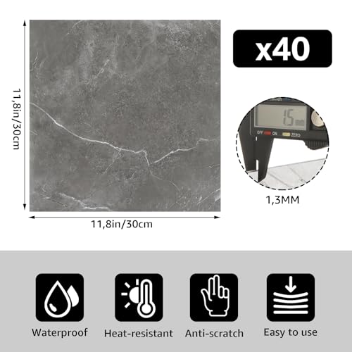 CYEER 40 Stück PVC Bodenbelag Selbstklebend 30x30CM, Vinylboden Selbstklebend Wasserfest Rutschfest, Selbstklebende Bodenfliesen für Küche, Wohnzimmer, Badezimme