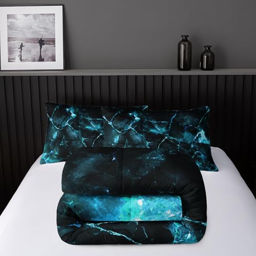 Image of Nttopship Blue Comforter Set King Size,Blue Marble Bedding Set 3 Pcs Bedding for Adults, Marble Room Decor with Comforter and 2 Pillowcases Soft and Lightweight B-Side Black