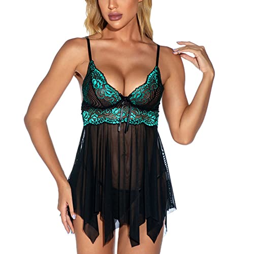 Huertop Sexy Lingerie For Women Lingerie Lace V Neck Camis Bowknot Mesh Temptation Babydoll Sleepwear Nightdress Lb574 Green #TOP1