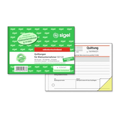 SIGEL SD120 Quittungsblock für Kleinunternehmer, fortlaufend nummeriert, eindeutige 7stellige Nummer, A6 quer, 2x30 Blatt, selbstdurchschreibend, aus nachhaltigem Papier