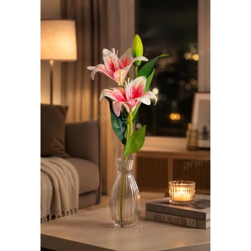 Image of Divyakosh Artificial Flower Bunch - Multiflora Fabric (1 Stick - 2 Lily Flowers) Home Decor, Bedroom, Living Room, Wedding & Festive Decoration (Color - Pink) (Without Vase)