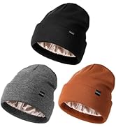 YANIBEST 3 Pack Satin Lined Beanie Hats for Women Men Knit Beanie Hat Soft Warm Unisex Cuffed Beanie