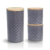 3er Keramik Vorratsgläser Grau mit Bambusdeckel inkl. Etiketten mit Stift zum Beschriften. Volumen: 1 x 900ml und 2 x 400ml. Höhe: 19cm, 10cm, 10cm