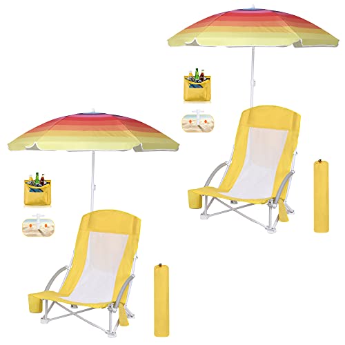 Wgos Beach Chair, Beach Chair With Umbrella, Beach Chair For Adults Camping Chair High Back With Umbrella And Cooler, Portable & Lightweight For Beach, Outdoor, Camping (Set Of 2 Yellow) #TOP9