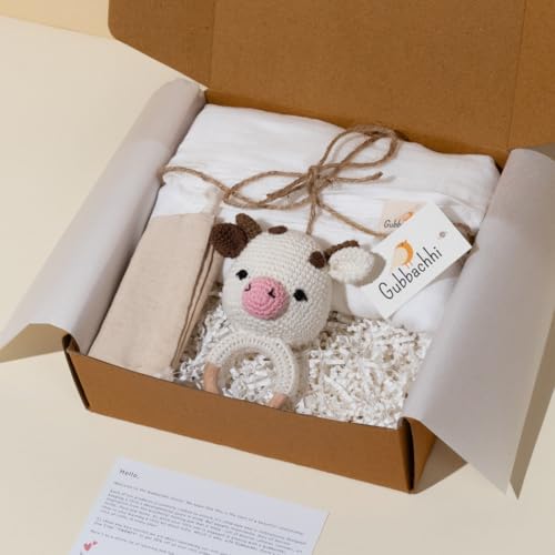 Gubbachhi Newborn Gift Set | Crochet Rattle & Muslin Swaddle Combo | Newborn Gift idea | Gifting for Infants/Babies | 100% Muslin swaddlecloth | Toy for Gifting| 3 Months + (AMBA Rattle with Swaddle)