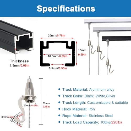 Riel ajustable para colgar cuadros de aluminio con cable de acero de 1 m 3