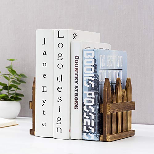 Mygift Rustic Burnt Brown Solid Wood Decorative Bookends With Picket Fence Design, Country Home Style Office Desk Book Stand Shelf Decoration, 1 Pair #TOP6