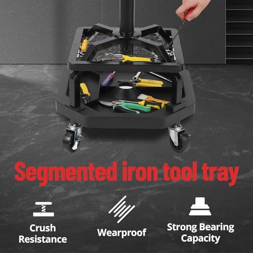 EcoExplorer Rolling Garage Stool, Adjustable Height 330LBS Capacity, 360° Swivel Seat, Double Tool Tray Storage, Heavy Duty Work Bench, Comfortable Padded Shop Seat, Black