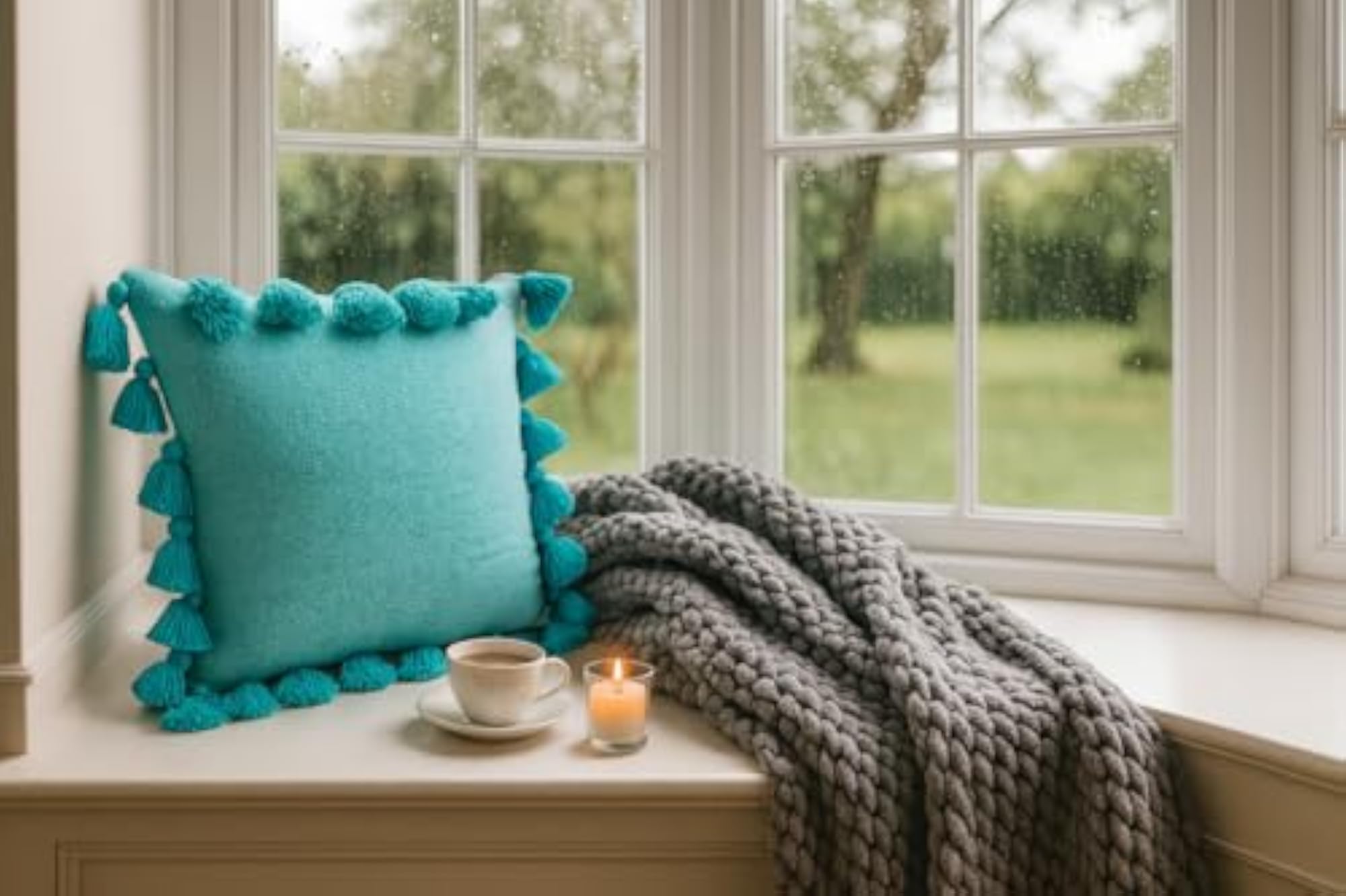 Ice Blue Tassel Cushion Cover Set of 1, Handmade