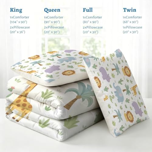 Image of Wild Animal Comforter Set Full Cartoon Animal Quilt Set for Boys | Cartoon Lion Elephant Giraffe Bedding Set, 3 Pcs Kids Girls Boys Jungle Comforter Set, Lightweight, Machine Washable