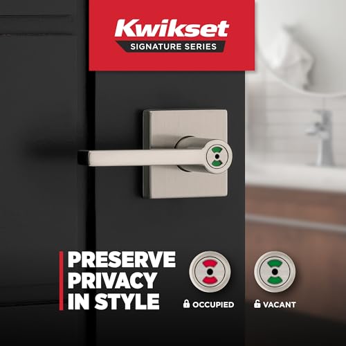 Image of Kwikset Halifax Vacant Occupied Bathroom Door Handle Lock, Privacy Door Lever with Indicator, Satin Nickel