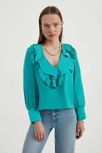 Hiccup V Neck Satin Ruffled Retro Blouse3