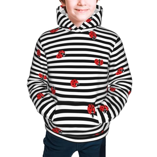 Ladybugs on Black and White Striped Kid Hoodies Boys Sweatshirts Girls Pullover with Pocket3