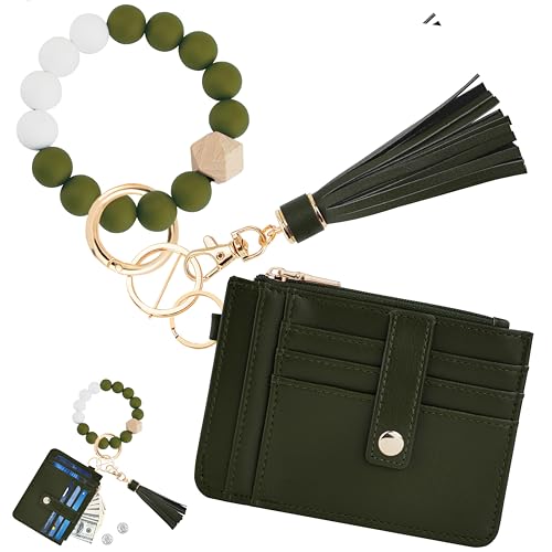 Image of KNGITRYI Wristlet Wallet for Women,RFID Keychain Wallet with Beaded Strap | 8 Card Slots,ID Window,Zipper Pocket,Leather Tassel,Compact Design