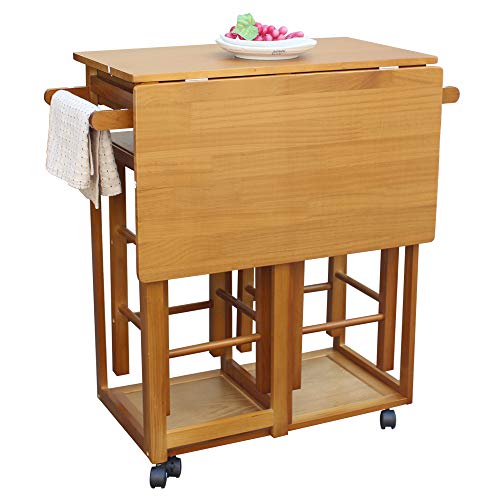 FCH Kitchen Island Trolley Cart with 2 Square Stools and 2 Drawers Solid Wood Drop Leaf Table Easy Put Together - Thumbnail 4