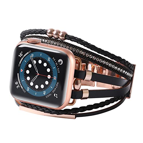 Wonmille Posh Leather Bands Compatible With Apple Watch 45Mm 44Mm 42Mm 49Mm Women, Boho Bracelets Jewelry Multilayer Wrap Strap For Iwatch Series Se 8 7 6 5 4 3 2 1 (Black/Rose Gold, 42Mm/44Mm/45Mm) #TOP1