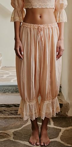 Image of NUFIWI Women Ruffle Long Bloomer Y2k Lace Trim Pettipants Pantaloons Mid Rise Cropped Pajama Pants Under Dress Slips