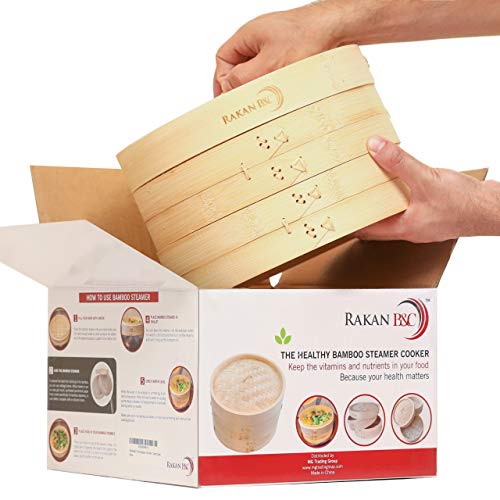 Rakan B&C Bamboo Steamer Basket 10 inch - Healthy Food Cooking Dim Sum Dumplings Vegetables Fish Steam Rice Included 2 Tier with Lid 10 paper Liners and 1 Reusable cotton liner - Cooker