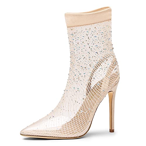Dream Pairs Women's Sdpu2233W High Heels Closed Toe Clear Rhinestone Stiletto Sexy Mesh Pointed Toe Slingback Heels Transparent Sparkly Dress Party Pumps Shoes, Size 9, Nude #TOP20