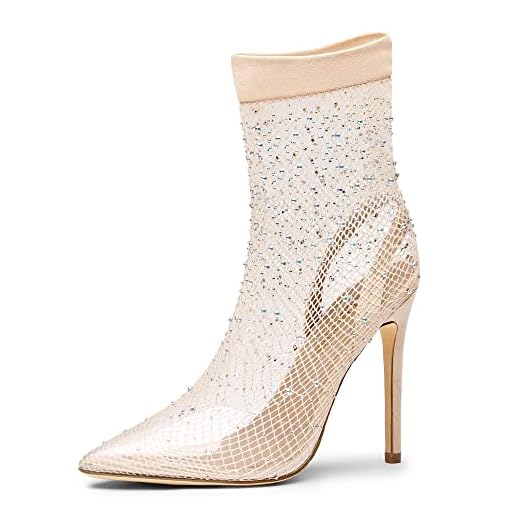 DREAM PAIRS Women's SDPU2233W High Heels Closed Toe Clear Rhinestone Stiletto Sexy Mesh Pointed Toe Slingback Heels Transparent Sparkly Dress Party Pumps Shoes, Size 9, Nude