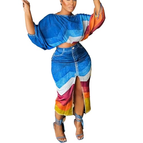 Womens Sexy 2 Piece Outfits Off Shoulder Bat Sleeve Crop Tops and Front Split Skirt Sets