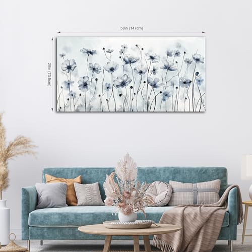 Image of VEAEE Framed Flowers Canvas Wall Art - Indigo Floral Canvas Pictures, Living Room Wall Decor, Botanical Canvas Prints Painting Abstract Artwork Bedroom Office Home Decor 29 inchx58 inch