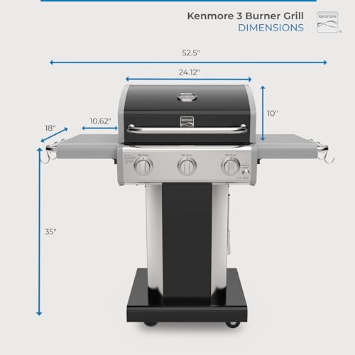 Kenmore 3-Burner Propane BBQ Grill, 30,000 BTUs Gas Grill with Cast Iron Cooking Grates, Folding Side Tables & Wheels, Outdoor Grill with Tool Hooks, Black - image 8
