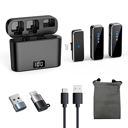 Lavalier - Micrófonos inalámbricos para iPhone/iPad/Android, 2 minimicrófonos, conexión inalámbrica y Play, para Smartphone con Receptor, Estuche de Carga para vídeo de Youtube/Facebook, Vlog TikTok Cover
