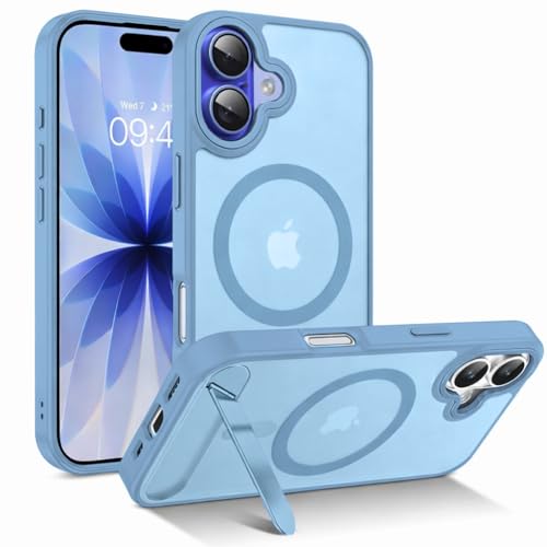 Image of VONZEE Magnetic Kickstand Case for iPhone 16 | Compatible with MagSafe | Adjustable Metal Stand | Translucent Matte Shockproof Phone Cover (Official Blue)