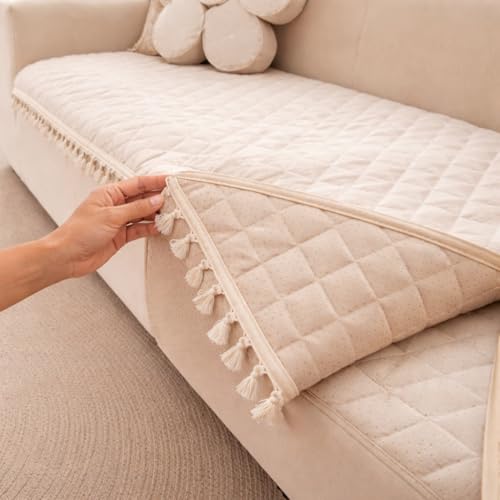 Image of DecorTwist Premium Reversible Quilted Velvet Sofa Cover for 2 & 3 Seater | Luxury Sofa Protector with Tassels | Soft, Durable & Pet Friendly | Grey /Beige & Beige (Beige, 3 Seater)