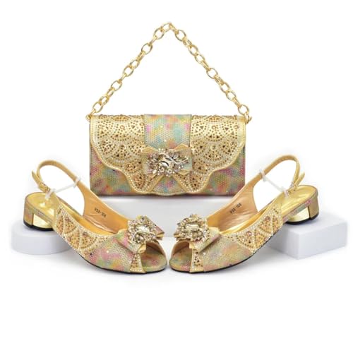 Women's Peep Toe Pump and Purse Set - Sparkly Crystal Party Shoes with Matching Clutch for Special Occasions