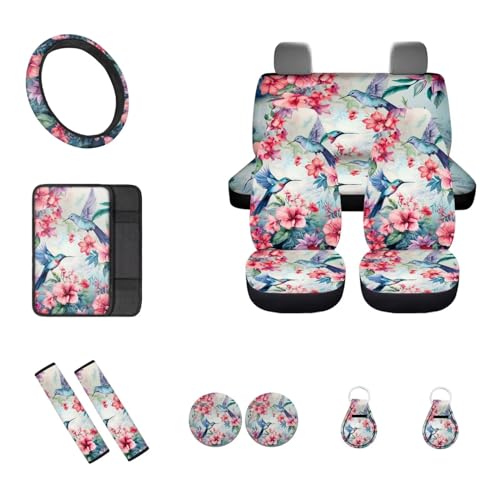 FUIBENG Cherry Blossom Hummingbirds Car Seat Covers 12Pcs Auto Front Rear Seat Protection Accessories Full Set with Universal Fit Steering Wheel Covers Seatbelt Pad Keychain Cup Mat Armrest Pads
