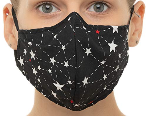 Mundschutz Maske Wiederverwendbar, Hochwertiges Gesichtsmaske Waschbar, Hergestellt in Türkei, Staubschutzmaske für Damen, Herren 100% Baumwolle (schwarz mit Sternen)