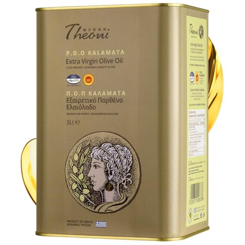 Theoni Extra Virgin Olive Oil - Cold Pressed Greek Olive Oil from Kalamata Rich Flavor for Cooking Salads Pasta & Dressings | Low Acidity (0.3) EVOO Premuim & Healthy | 3 Litre Tin