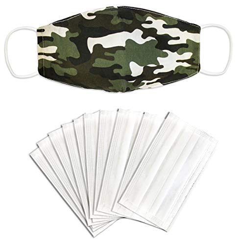 SH M188 Masque de bouche et de nez en coton 2 couches avec 10 filtres 3 couches lavables à 60 °C, camouflage