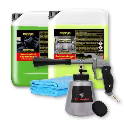 ABACUS Tornador Set Tornador Black Z-020RS Reinigungspistole + Polsterreiniger & Textilreiniger 5L + Kunststoffreiniger & Lederreiniger 5L + Mikrofasertücher Reinigungspistolen Set (7426.2)