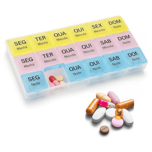 Porta Comprimidos Semanal Manhã Tarde Noite Todos Dias da Semana - Caixa Organizadora de Remédios Viagem, Grande, Separador, Estojo para Medicamentos - Premium