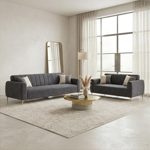 Image of Habibi Rich Velvet Suede 3+2 Seater Sofa Set | Spacious Soft Touch Comfort Seating | 5 Person Seating | Modern Living Room Sofa Set (Dark Gray)