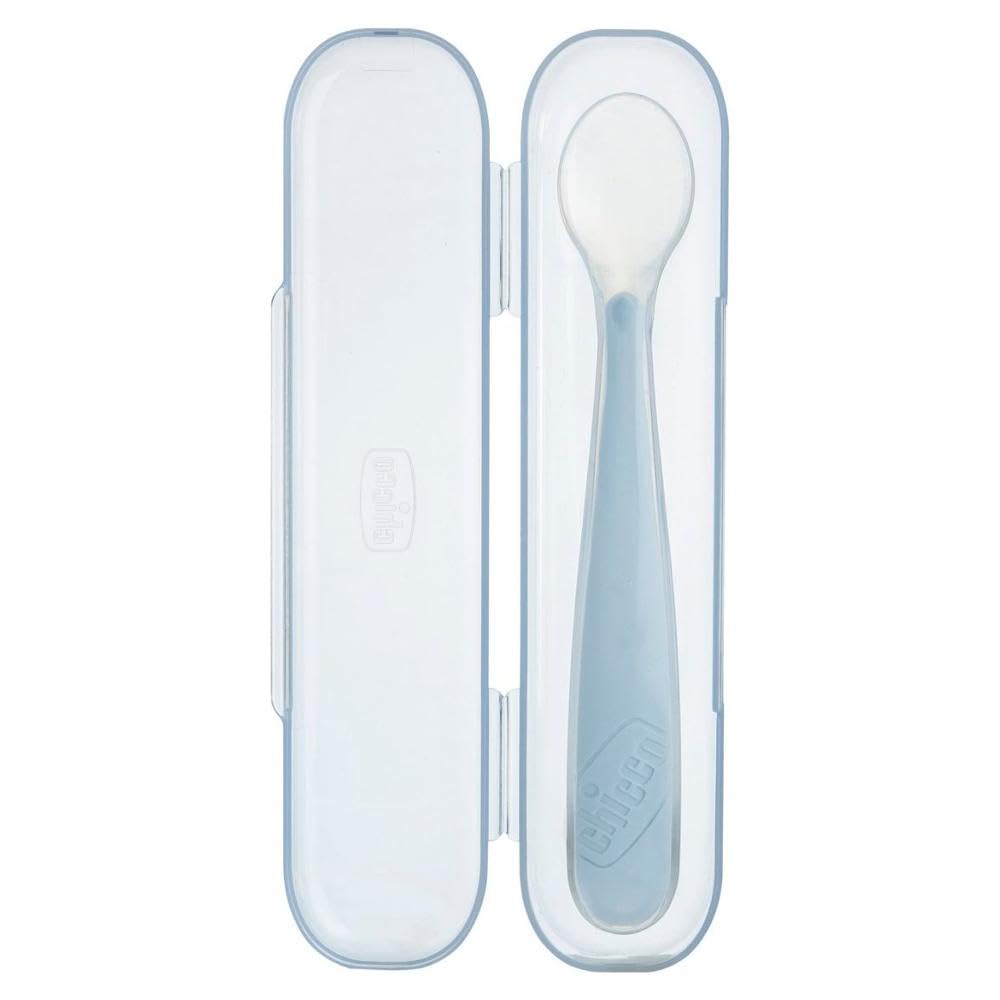 Chicco Cuchara de silicona suave para destete de 6 m + bolsa de viaje, punta flexible para proteger las encías y mango largo ergonómico, 0% BPA, ideal para viajes