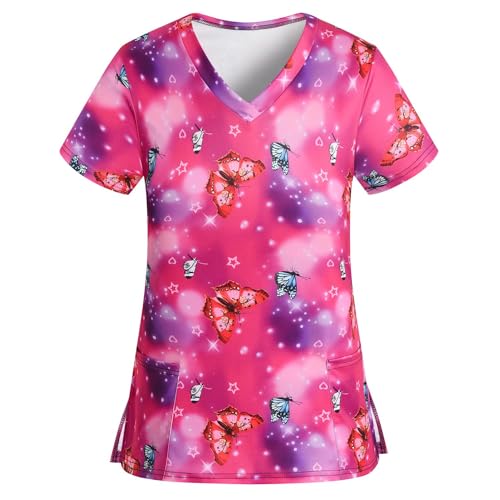 Scrub Tops for Women Stretchy Vneck Short Sleeve Cute Floral Animal Printed Holiday Nursing Pocketed Working Uniforms