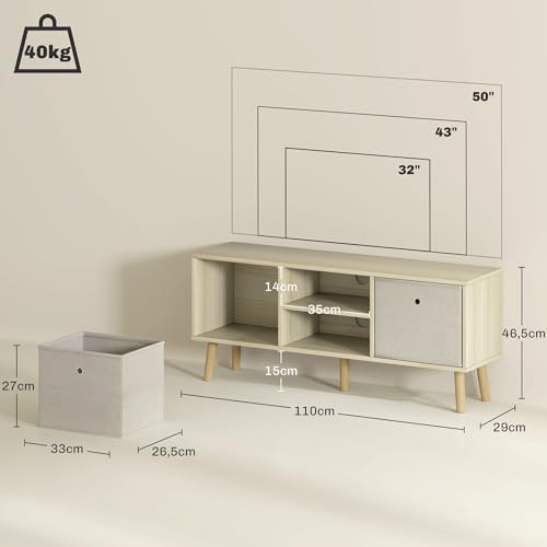 Miniatura 7 de Homcom Mueble De Tv, Mesa De Tv Con 2 Cajones De Tela, 2 Estantes Abiertos, Orificios Para Cables, Para Televisores Hasta 50 Pulgadas, Largo De 110 Cm, Para Salón, Dormitorio, Madera Y Beige