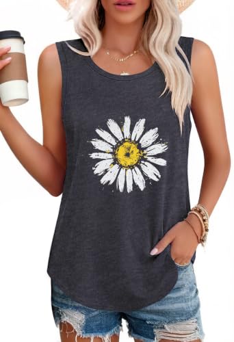 elescat Womens Tank Tops Summer Sleeveless Top, Grey Daisy, L